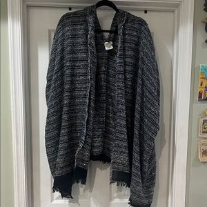 FREE PEOPLE Hooded Blue Gray Knit Striped Shawl Poncho